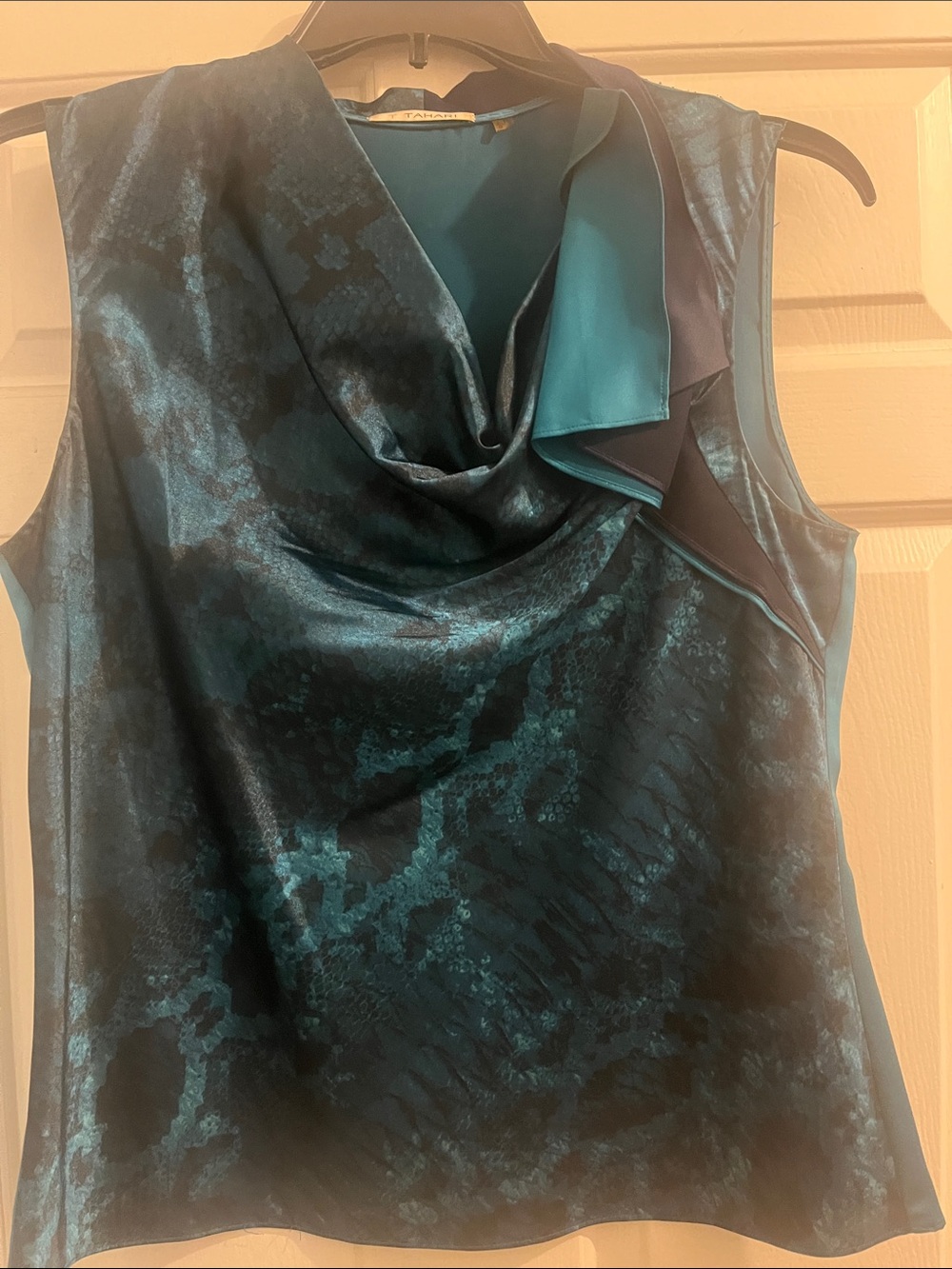 Tahari Teal and Black Cowl Neck Satin Camisole